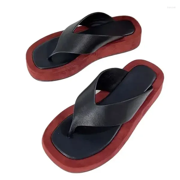 Scarpe casual rossa nera vera in pelle vera flop flop donna sandalo spessa suola comfort slip-on slip-on su estate spiaggia designer di scarpe mulo