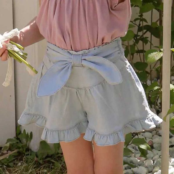 Röcke Fashion Bowknot Design Little Girls Summer Denim Shorts süße Rüschen Mini Jeans Rock Kinder Mädchen Heiße Kurzfilme Kinderhosen 1-7T H240425