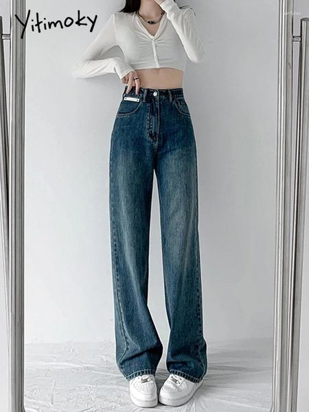 Женские джинсы Yitimoky Vintage Blue Bedgy Women High Taste 2024 Модная уличная одежда широкие штаны для ног Y2K Женская джинсовая джинсовая ткань прямые брюки