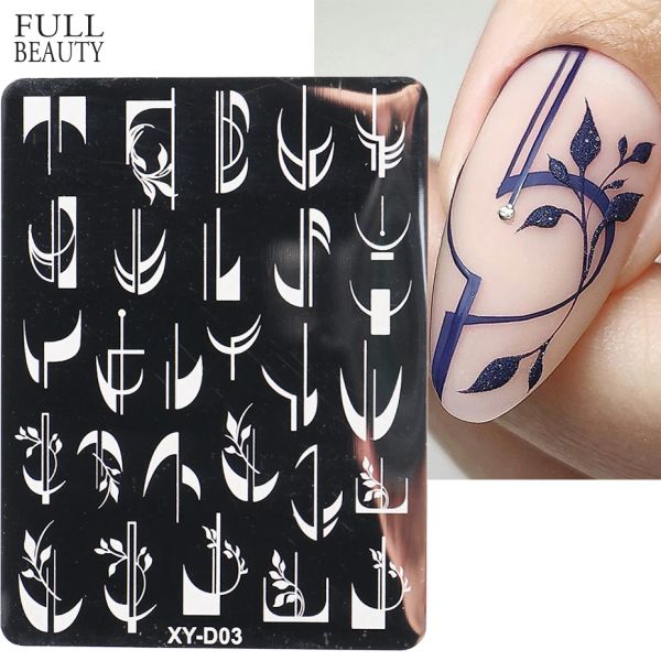 Kunst französische Linie Tipps Nagelstempelplatten Schablonenformen Geometrie Blumen Blatt Nagelkunststempel Vorlagen Gel Polnische Druckplatte