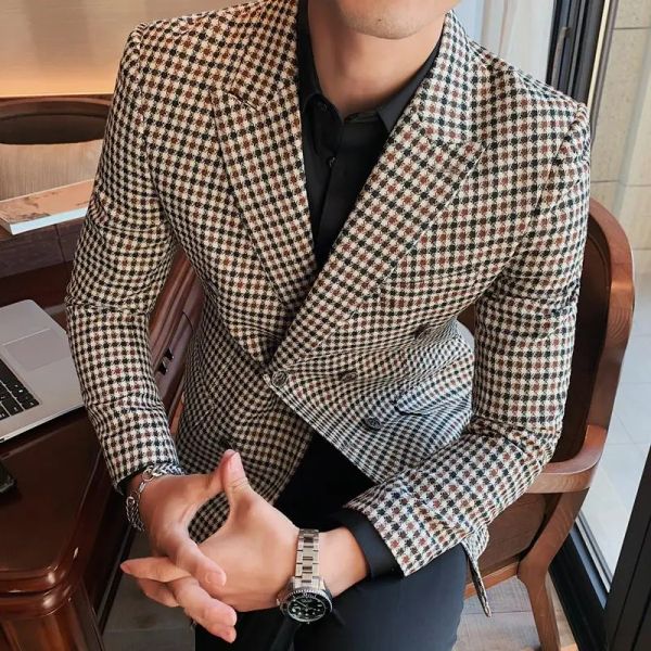 Jackets British Style Mens Slim Fit Houndstooth Blazer Männer 2023 Neu einfaches Doppelbusien Business Office Hochzeitskleideranzug Jacke