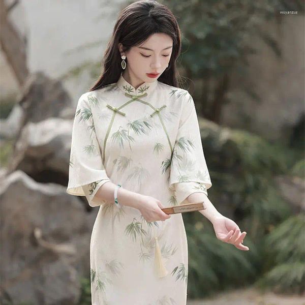 Etnik Giyim Cheongsam Vintage Qipao Boyalı Bambu Baskı Zarif Sonbahar Kış Geliştirilmiş Genç İnce Fit Günlük Sanat Elbise