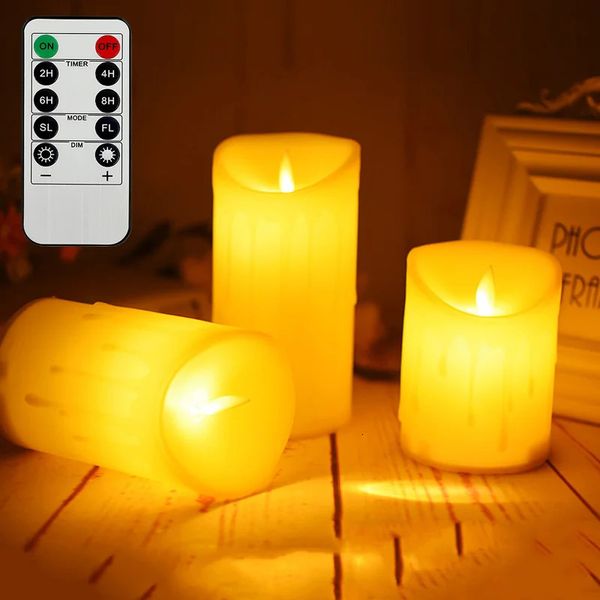 3 PCs flackerne flammenlose Säule LED -Kerze mit abgelegenem Nachtlicht LED Wachs Ostern Hochzeit Dekoration Beleuchtung 240417
