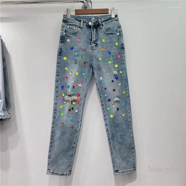 Jeans femininos 2024 SURPEN SUMPRIMENTO Indústria pesada rasgou Diamond Colorful Crystals Cantura Alta Slimming Cropped calça reta