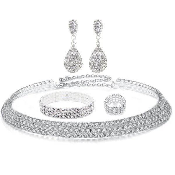Set di gioielli da sposa con lacrima di cristallo di rinestone set da sala da sposa in argento.