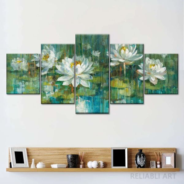 5 Stücke Grüne Lotus Leinwand Malerei Wandkunst weiße Blumenplakate und Drucke Landschaftswandkunst für Wohnzimmer Dekor Cuadros