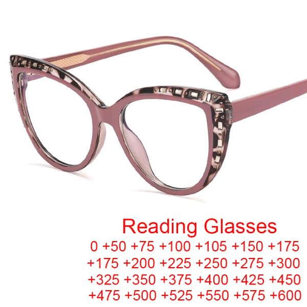 Lentes exclusivas Rhinestones Cat Eye Glasses Frame Designer de marca Pink Leopard Computador lendo óculos TR90 feminino Oculos +2 +4
