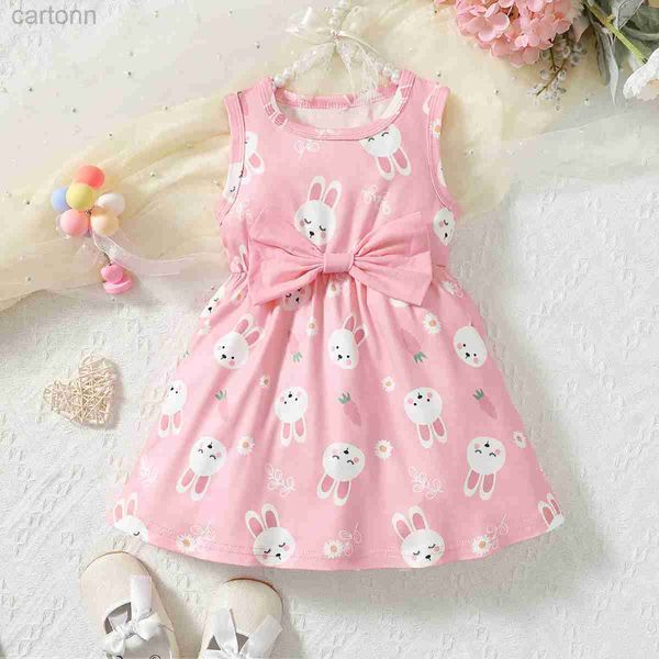 Vestidos de menina Little Rabbit Print com arco rosa fofo e elegante vestido casual d240425