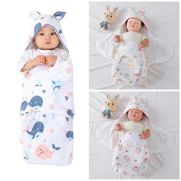 Sets Neugeborene Umschlag Sommerbaby Schlafsäcke mit Ohren Herbst Kokonwicke Wickel weiche Bettwäsche Baumwolle Schlafdecke 06m