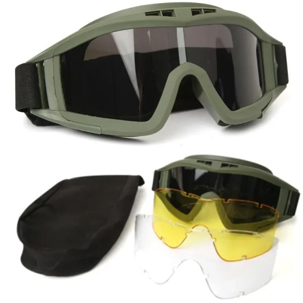 Óculos de óculos de óculos táticos de airsoft 3 lentes preto marrom marrom -verde à prova de poeira à prova de poeira motocicleta óculos CS Proteção à segurança de paintball