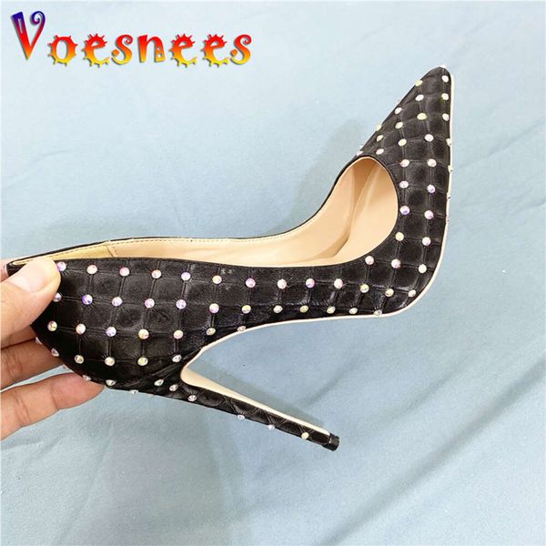 Yeni kadın lüks elmas yüksek topuklu 12 cm parlayan rhinestone stiletto pompalar siyah parti elbise sivri uçlu tek ayakkabı