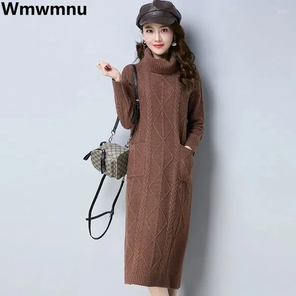 Vestidos casuais grossos/espessos vestido de malha de gola alta de tamanho 5xl de inverno de inverno quente vestidos mulheres elegantes malhas de malhas