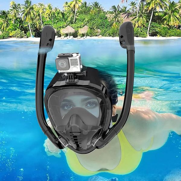 Máscara de snorkel de rosto completo 180 ° Vista panorâmica de silicone de snorkel seco de mergulho com 2 Óculos de natação com 2 snorkels Anti-Fog Anti-Leak 240409