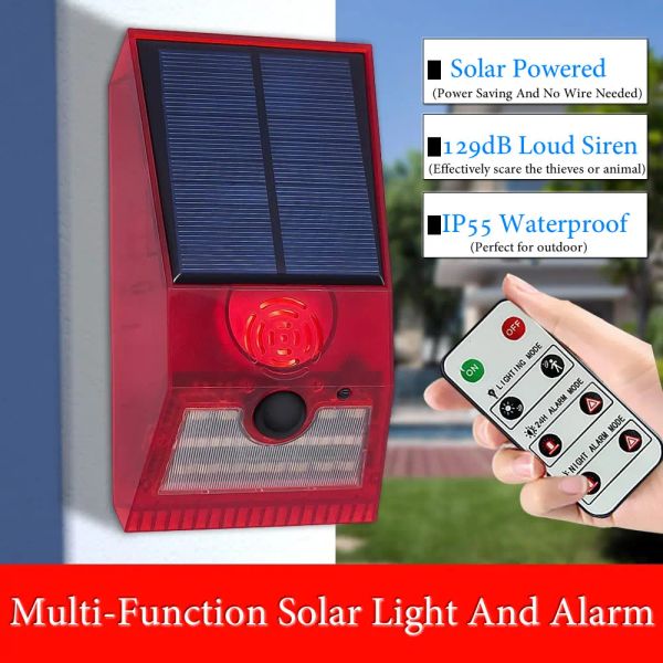 Acessórios 2in1 Solar Solar Motion Sensor Detector Alarm Luz de controle remoto Sirene Sirene à prova d'água Lâmpada de sirene de 129dB para fazenda de quintal ao ar livre em casa