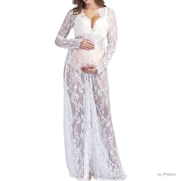 Vestidos de maternidade, mulheres grávidas fotografando foto de renda longa vestido grávida, vestido de renda frontal aberta vestido de festa transparente