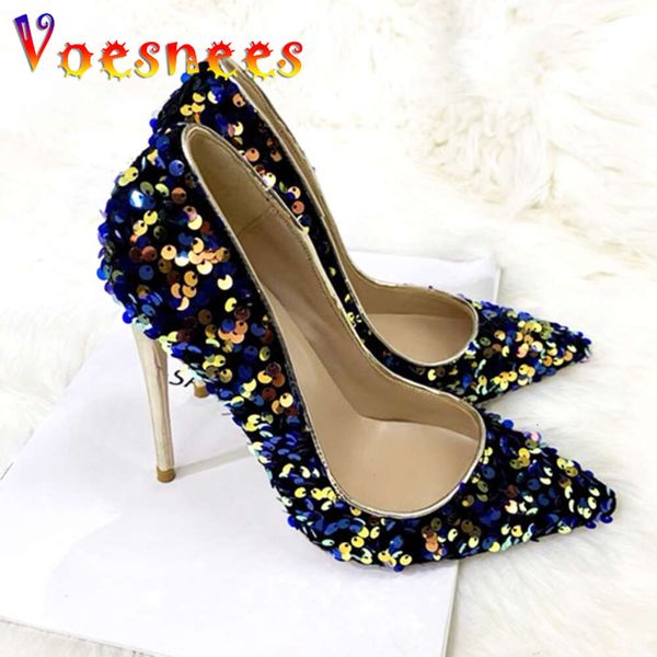 Shiny Sequens Club Women High Heels 2024 Spring New Sexy Poorted Slip di punta su papioni a spillo Blue Fashion Dress Dress Shoes 12cm