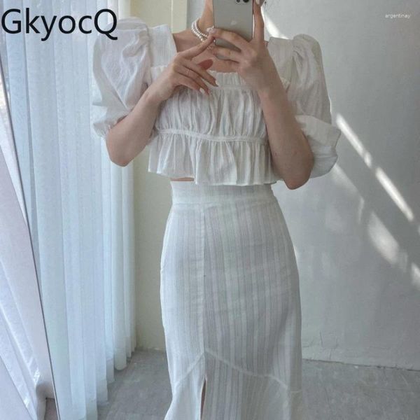 Arbeitskleider Gkyocq Koreanische Chic Frauen zweiteilige Sets eleganter Quadratkragen Puffhülle kurze Tops hoher Taille schlanker Meerjungfrau Rock Weißer Anzug