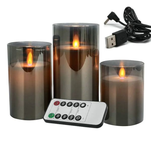 USB Recarregável LED Pillar Candle Set Plickering MOVIMENTO MOVAÇÃO PARAFINA REMOTO REMOTO REMOTO CONTROLADO COM/VIDRO GREY DO TIMERLO 240417