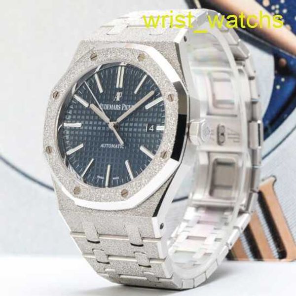 AP Moissanit Armband Uhr 15410 Royal Oak Serie Blaues Gesichtscreme Gold 41 Oberflächendurchmesser Datum Display 18k Weißgold Automatische mechanische Herren Uhr
