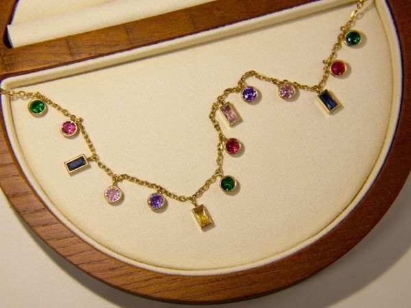 Baguette Regenbogen Edelsteinkette |18K Gold |Geometrischer Charme |Layering |Regenbogen -Charme |Kristallregenbogen Halskette |Sommerkette