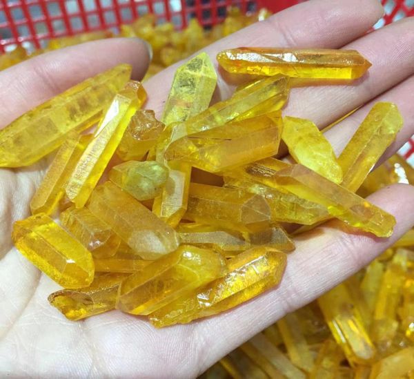 6pcs amarelo titânio aura anjo wand pontos naturais cristal rússico cura áspero topázio lemuriano semente prism encantos stone1158455