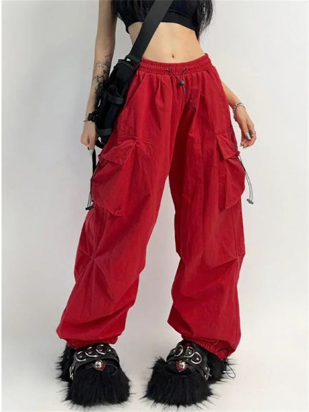 Capris qweek cyber y2k calças de pára -quedas vermelhas mulheres masculino de rua de hip hop