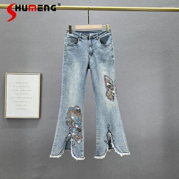 Jeans femminile split pantaloni a campana di denim a campana elastico elastico alto slim dimme europeo brouser rhinestone bootcut