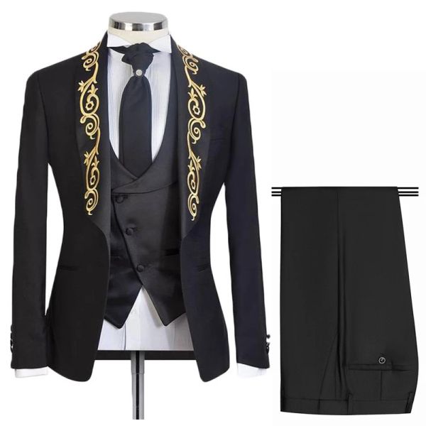 Giacche smoking da sposa con ricamo dorato uomo formale formale tuta a scialle di scialle 3 pezzi personalizzati maschi di costume giubbotto pantaloni