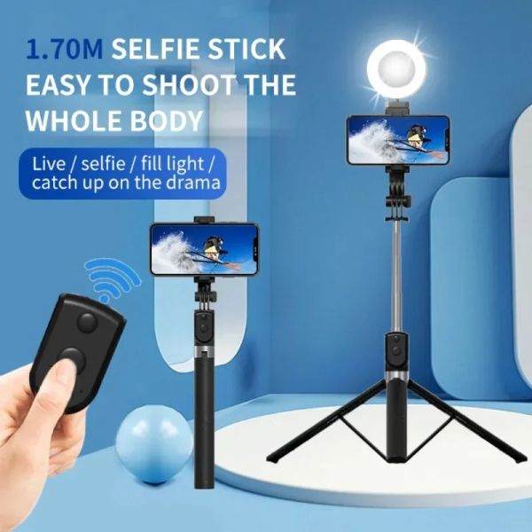 Sticks Wireless Selfie Stick Tripod 1,7m dobrável com anel de selfie LED LEVE