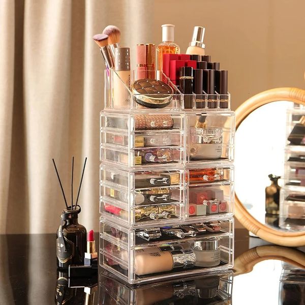 Организатор макияжа по уходу за кожей большие прозрачные косметические витрины Сложные ящики для хранения с 11 ящиками для VanitySet 4 240415