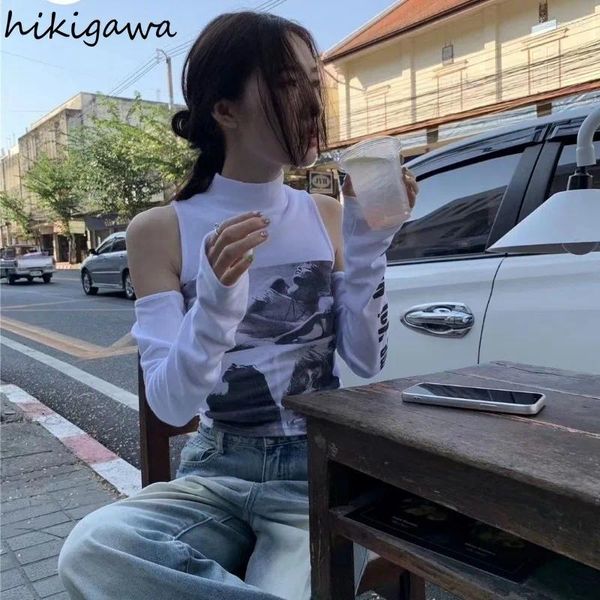 Женские футболки моды Fashion Tshirts Женщины наполовину высокие воротницы с длинным рукавом Tunic Tees 2024 Ropa Mujer Tops Printing от рубашки на плече y2k рубашка Y2K