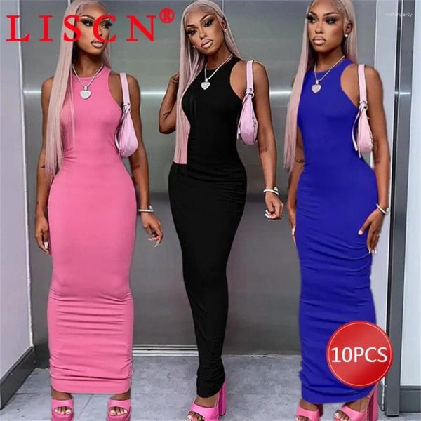 Vestidos casuais 10 PCs itens a granel Festa de lotes de atacado para mulheres Summer 2024 Madeis Bodycon o-pescoço de colorido sólido vestido maxi k11521