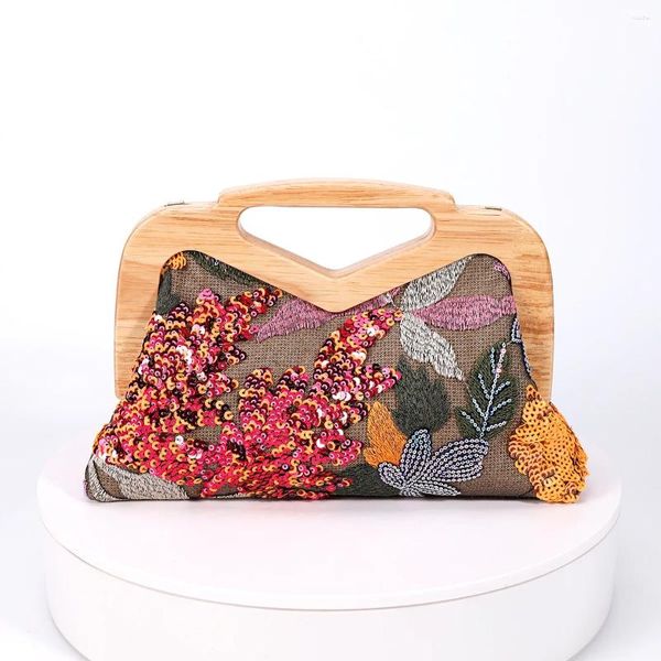 Drawstring moda payetler debriyaj çantası kadınlar için tasarımcı ahşap klipli kabuk bayan çanta zincirleri omuz crossbody yaz partisi cüzdanlar