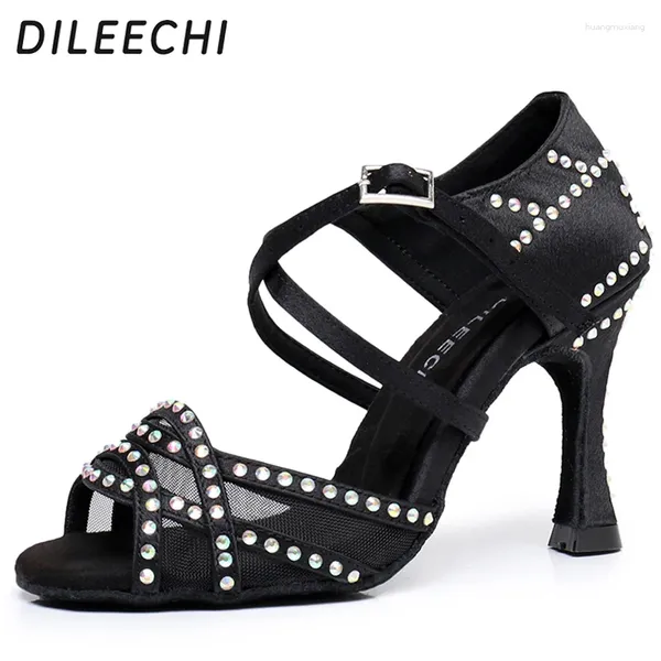 Scarpe da ballo dileechi donne latino nero di raso rinestone con salotto di salsa di salsa netto ballare ballo ad alto tallone cuba 9cm