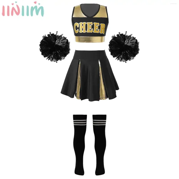 Set di abbigliamento da 6-16y ragazze cheerleader Dance Outfit Crop Top con palline floreali di gonna Calzini da tubo per lo sport Meet Match Performance