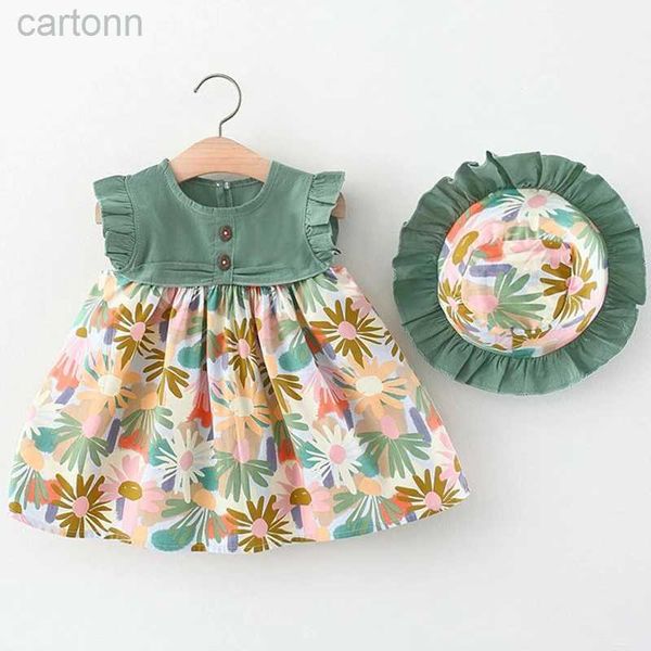 Mädchenkleider 2 Piece Set Sommer Kleinkindkleider für Mädchen koreanische Mode Blumen ärmellose Strandprinzessin Kleid+Hut Baby Kleidung Outfit BC140 D240425