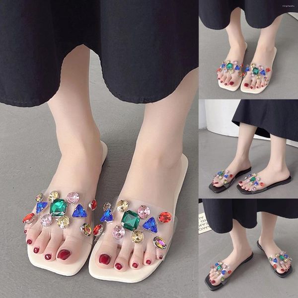 Slippers Leisure Style Roman Style Transparent Feminino Rhinestones Summer Non Slip na praia Flat Aberto do pé de sandália respirável Sapatos