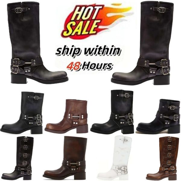 Stiefel BootiesMartin Knie Designer Schuhe Frauen Männer Miui klobiger Komfortgurte Gürtel Knickleder Leder Biker Zip Knight Square Black Braun White Toe Knöchel