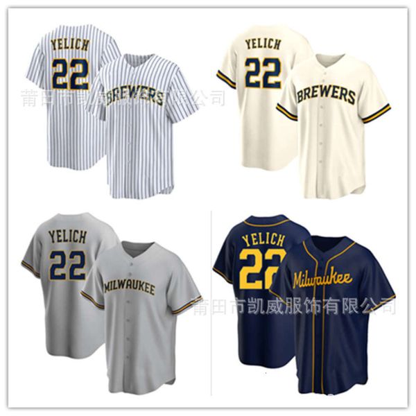 Baseball -Trikot -Jersey Brewer 22# White Beige Dark Blue Herren Football Fan Version