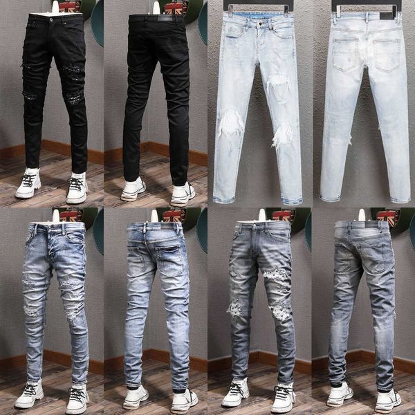 Patches Detail Biker Fit Jeans Männer Slim Motorrad für Herren Vintage Distressed Denim Jean Pants HP4W