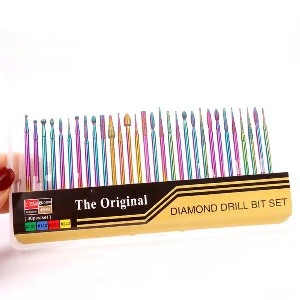 Bit 30pcs/10pcs/set di alta qualità arcobaleno per trapano per perforazione per unghie rotativa kit di fresatura inossidabile taglio diamantato unghie art manicure utensile