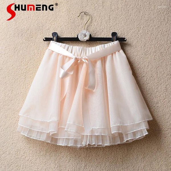 Schleierrock im koreanischen Stil koreanischer Stil für Frauen 2024 Frühlings- und Sommer -Elastische Taille Pettiskirt süßer Mesh Basis kurze Culottes