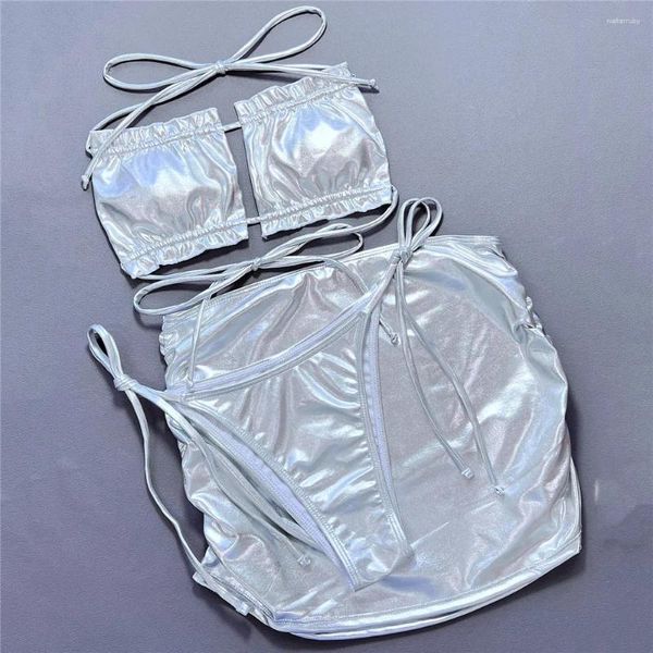 Женские купальные костюмы набор сексуального серебряного серебряного рюкзака Bandeau 3 Piece Women Micro Thong Swimsite с мини -юбками прикрывать пляжную плавание