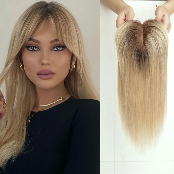 Связи remy Human Hair Toppers прямые темно -коричневые блондинка омбре с челковыми кружевными базовыми топперы для волос с зажимами в парикмахе.
