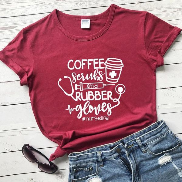 Damen T-Shirts Kaffeepeelings und Gummihandschuhe T-Shirt lustiges Leben Zitat Top Tee Shirt süße Frauen grafische Krankenpflege T-Shirt