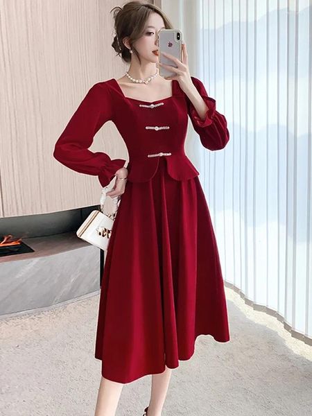 Abiti casual rossi patchwork abito da sposa di lusso elegante per signore autunno inverno maniche lunghe bodycon ballor 2024 coreano vintage vestidos