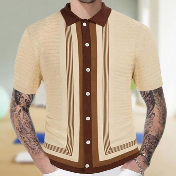 Мужская полотка Polos Patchwork вязаная рубашка поло вниз на пуговица кардиган роскошные деловые топы с коротким рукава