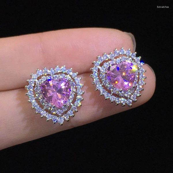 Brincos de garanhão Crystal feminina rosa zircão de pedra 925 jóias de casamento prateado fofo coração grande para mulheres