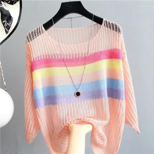 Frauenpullover Frau Mode O-Neck Patchwork Print All-Match Hollow Out T-Shirt weibliche Kleidung Sommer lässig Pullover lose T-Shirt