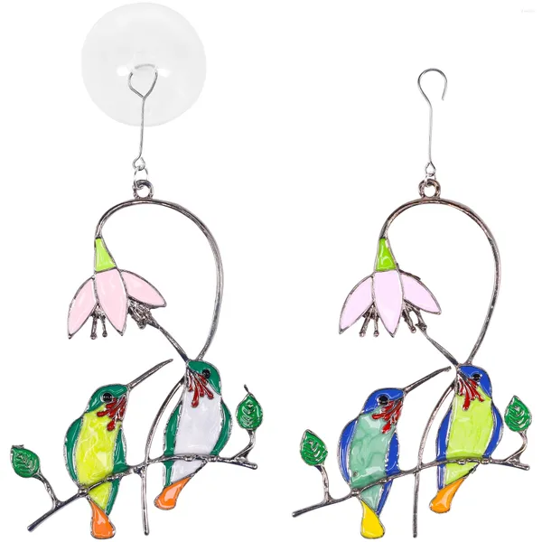 Estatuetas decorativas 2pcs Hummingbird suncatcher manchado de vidro flor flor fofa janela pendurada apanhador de sol